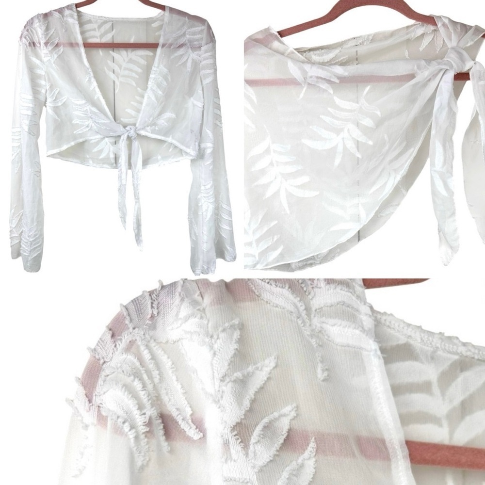 🚨 SALE- Two-piece sheer white coverup, S, crop top with tie & sarong Beach Pool
